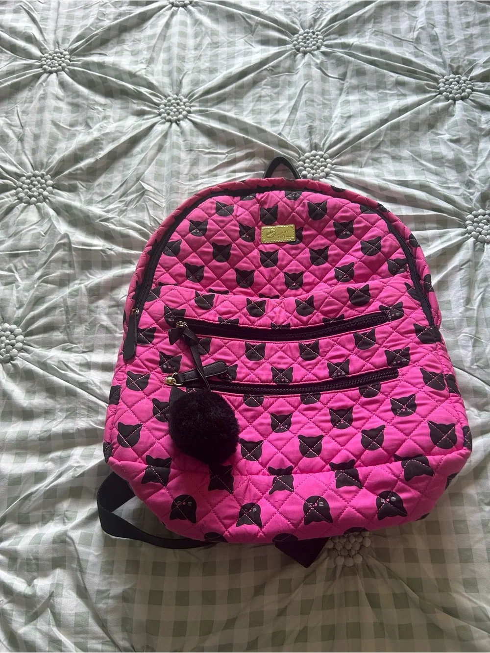 Betsey Johnson Hot Pink Quilted Backpack Bag with Black Cat Print